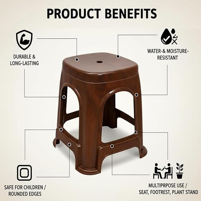 Image of PulGos Pack of 2 Brown Plastic Sitting Stool for Home, Office & Outdoor Use | Compact, Lightweight & Durable Stool for Adults & Kids | Use as Footrest, Side Table, Extra Seating for Living Room