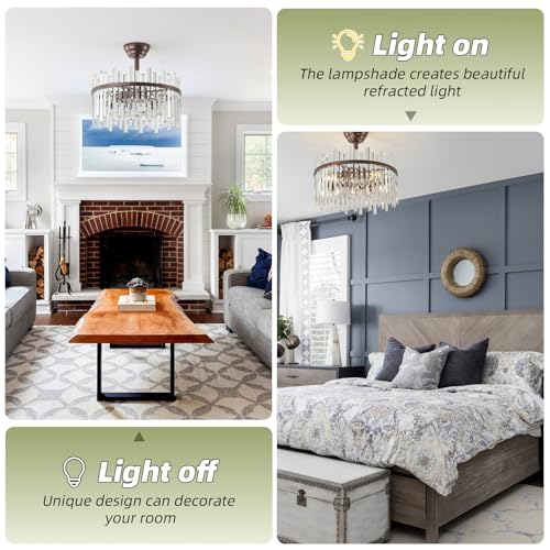 Image of Brown Fandelier Ceiling Fans with Lights, Crystal Chandelier Ceiling Fan with Light Remote Control, Mid Century with 6 Speeds for Bedroom, Living Room