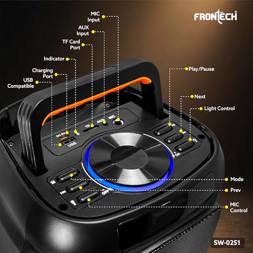 Image of FRONTECH Smash-251 Party Speaker | 30W| RGB Lights | Dual 4 inch Drivers | 2400 mAh Battery | TWS /FM /USB /BT /TF /AUX | Wired Mic | Portable Speaker with Handle | 1 Year Warranty (SW-0251)