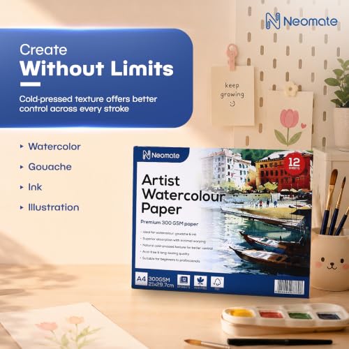 Image of Neomate Artists Watercolour Paper | 300 GSM, Size A4, Cold Pressed | Pack of 12 Sheets | Ideal for Artist, Professional Drawing, Painting Dry & Wet, Fine Arts Students
