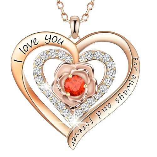 Collier cœur or rose serti d'oxydes de zirconium précieux et gemme rouge