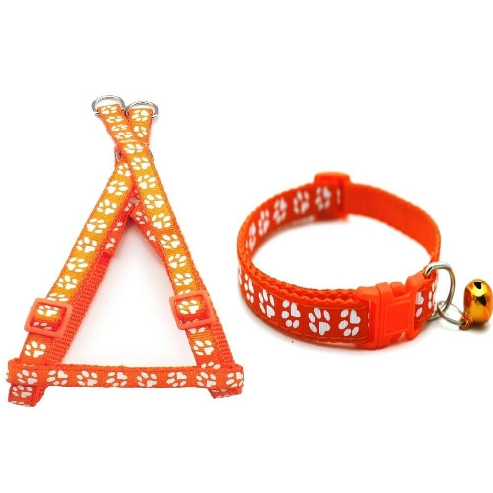 Small Dog Puppy Pet Collar and Harness Set Pawprint Design Nylon Adjustable Neck Size 19-32cm and Chest Size 21-34cm Orange - Image 2