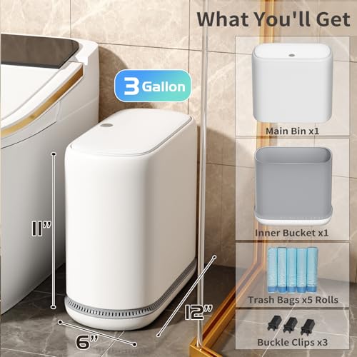 Image of Small Bathroom Trash Can with Lid, 3 Gallon Slim Garbage Bin with Pop-Up Lid & Air-Pressure Bag Lock, Mini Waste Basket for Bathroom, Bedroom, Kitchen, Office, Rv, White - Includes 75 Bags (5 Rolls)
