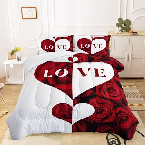 Image of AILONEN 3-Piece Red Rose Comforter Set Queen Size,Red and White Lover Hearts Printed Bedding Set for Room,Romantic Flower Soft Microfiber Comforter with 2 Pillowcases