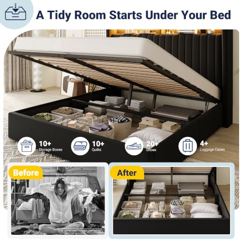 Image of Allewie Full Size Lift Up Storage LED Bed Frame, Charging Station, Black