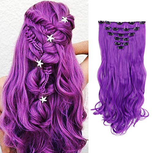 Creamily 8 Pcs Full Head Party Highlights Clip on in Hair Extensions Multi-Colors Synthetic Hairpieces (20-Inch Curly, Purple) Halloween Costume