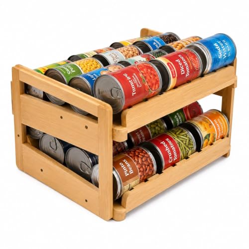 MinBoo Bamboo FIFO Can Organizer for Pantry, 24-Can Gravity Dispenser with Adjustable Dividers, Freestanding Wood Canned Food Storage Rack for Soup, Soda and Pet Food, 15.5″ W x 11.6″ D x 9.4″ H