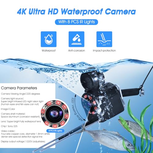 Image of Fish Finder Underwater Fishing Camera 5 Inch Upgraded HD 4K Display Ice Fishing Camera Underwater 8 IR Lights Night Vision Portable Boat Fishing Finder