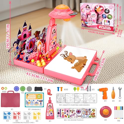 BuzzoXerex 2 in 1 Zeichenprojektor für Kinder, Projektor mit Steckspiel Mosaik, Projektion Montessori Werkzeugkoffer Mit Elektrische Bohrmaschine und Buntstiften, Geschenke für Kinder 3-8 Jahre (Rosa)