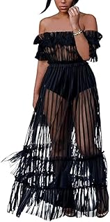 Women's Sexy Mesh See Through Nightclub Dress Ruffle Off Shoulder Long Pleated Maxi Dress