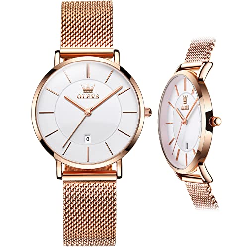 OLEVS Wristwatches for Women Large Face Rose Gold Dress Ladies Watch with Date Slim Simple Easy to Read Womens Wristwatches for Small Wrists Waterproof Casual Women's Watches White Reloj para Mujer