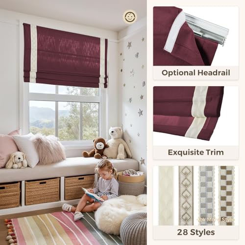 Image of TWOPAGES Isabella No Drill Cordless Roman Shade Linen Textured Cotton Roman Blind for Windows, Custom Made Room Darkening Blackout Roman Window Shade, Hardware Included, Burgundy, 1 Piece