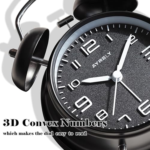 Image of AYRELY Super Loud Alarm Clock for Heavy Sleepers Adults,Twin Bell Retro 4 Inch Silent Non-Ticking Quartz with Backlight, Metal dial, Alarm Clocks for Bedrooms Bedside(3D Dial - Black)