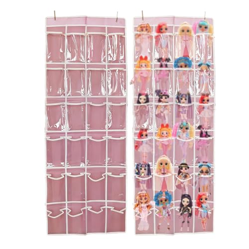 Fachohola Hanging Over Door dolls Storage Organizer with 24 Clear View Pockets Compatible with Lol Omg Barbie Dolls Surprise Doll clothes bow hair accessories organizer