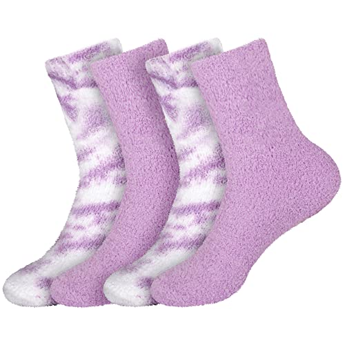 Image of BambooMN Women's Girl Fuzzy Warm Fluffy Tie-Dye Colorful Fun Crew Socks - 4 Pairs