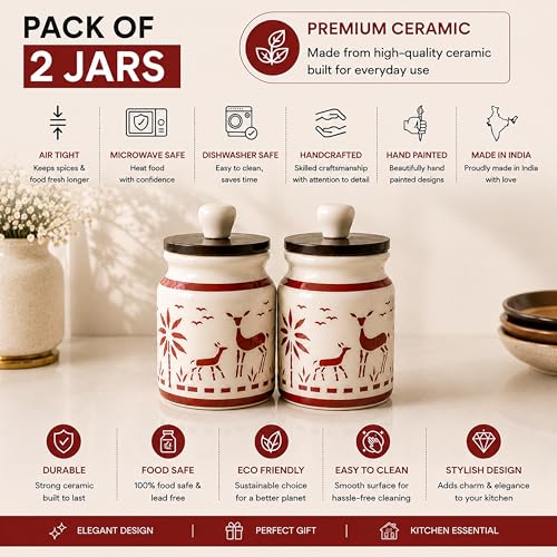 Image of Ceramic Kitchen Jars for Storage | Air Tight Containers with Wooden Lids | Masala, Salt, Pickle, Dry Fruits & Multi Utility Items Organiser Set (Hand-Painted, Red Deer, 450 ML, Pack of 2)