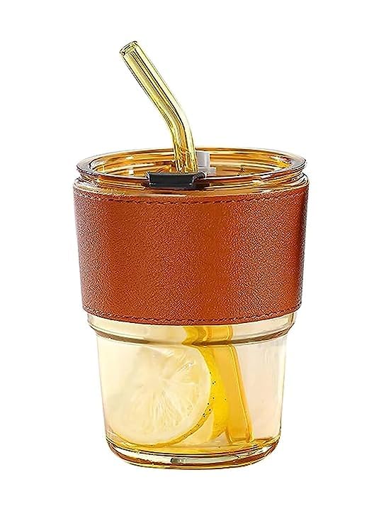 KiKiluxxa Brown Glass Kids Fruit Juice Milk Sipper Tumbler Mug with Straw and Lid - 435Ml - Pack of 1 - Green Tea Coffee Soda Can Cup with Straw (G Zondo 1)