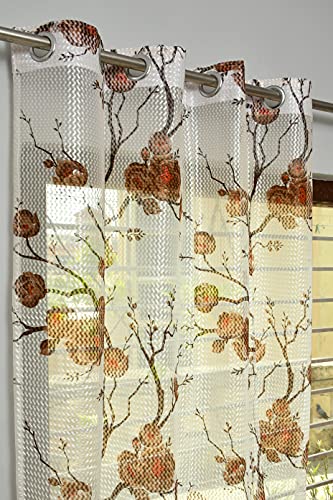 Image of Premium Polyester Floral Sheer Printed Net Combination Transparent Beautiful Curtains Set of 3 Piece for Door Brown 8 Feet