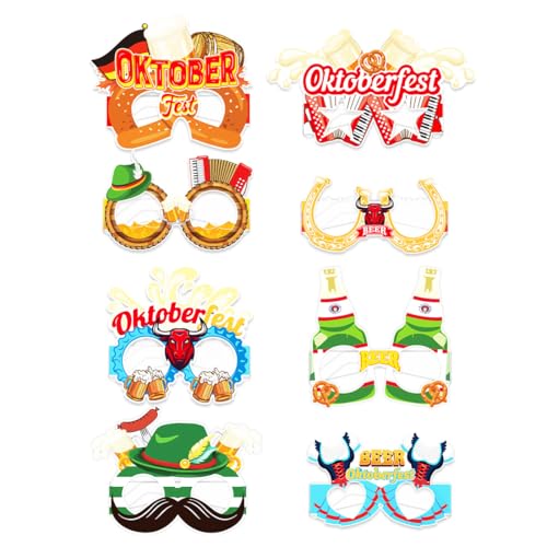 WUSJCOF 8 Piezas Gafas de Fiesta Oktoberfest, Accesorios para Fotobox, Decoración de Fiesta, Divertidas Gafas de Papel, Diseño de Cerveza y Pretzel para Niños y Adultos