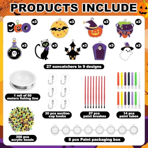 Hollowfly 27 Sets Halloween DIY Suncatcher Craft Paint Window Art Make You Own Suncatcher Ornaments Halloween Hanging Ornaments for Home Halloween Party Decoration - 2
