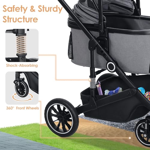 TODEFULL Pet Stroller with 4 Wheels, 3 in 1 Folding Puppy Strollers for Small/Medium Dogs Cats up to 50lbs, Lightweight Pet Travel Carrier with Detachable Cushion, Storage Basket and Cup Holder, Gray - Image 7