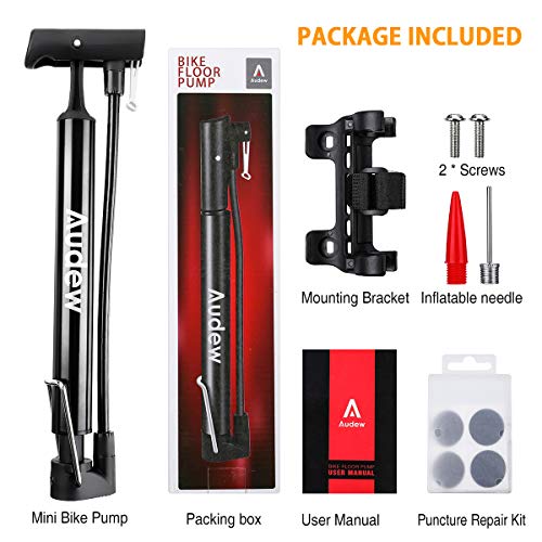 Audew Portable Bike Pump - 12Inches Lightweight Bicycle Air Pump with Folding Handle - 160Psi Presta and Schrader Valve for Mountain Road BMX Bike, Ball, Inflatable Toy Including Puncture Repair Kit