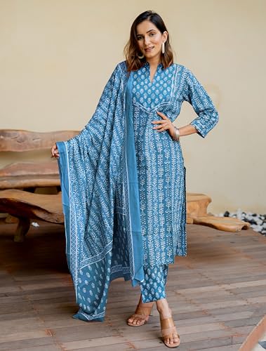 Image of MIRCHI FASHION Pure Cotton Women Straight Batik Print & Mirror Work Kurti Set with Dupatta and Pant
