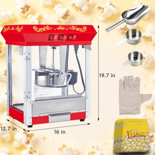 Image of 8 Oz Popcorn Machine with Stainless-Steel Kettle Makes Up to 32 Cups, Vintage Movie Theater Pop Corn Popper with 3-Switch Control, Waste Kernel Drawer, 2 Scoop, Glove & Popcorn Bags