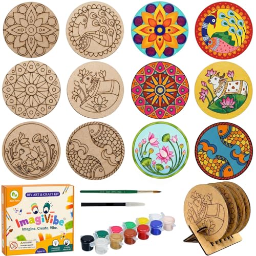 Image of ImagiVibe 3-in-1 Premium Coaster Painting Kit for Kids & Adults | DIY Mandala, Madhubani & Pichwai Art | 6 Pre-Marked Wooden 4 Inch MDF Coasters with Stand | Creative Art & Craft Activity | Gift