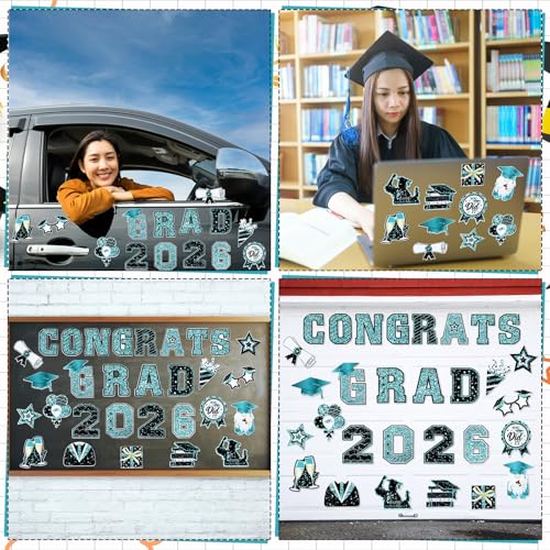 Image of Landhoow 30 Pcs Graduation Car Magnets 2026 Senior Graduation Car Decoration Bumper Sticker Congrats Grad Magnet Magnetic Refrigerator Decal for Grad Parade Party Supplies(Teal, Black)