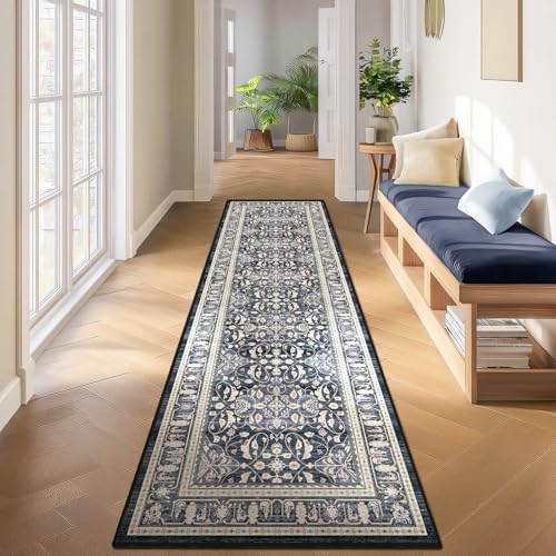 Dark Blue Entry Rugs Indoor, 2x3 Small Door Rugs for Entryway/Kitchen/Bathroom, Washable Non Slip Low Pile Thin Door Mat Indoor Entrance, Boho Floral Moroccan Trellis Printed Transitional St