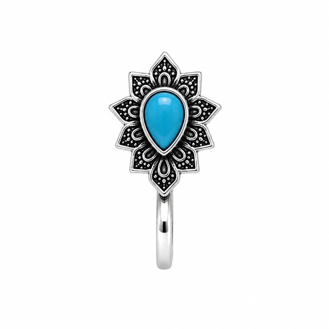 Jewellery Stunning Oxidised silver finishing Sky Blue stone stud Drop shape Flower Design Nose Pin | Ring | Without Piercing | Adjustable | Nose Ring | Nathiya|Nathani | For Festival |Navratri For womens & Girls.-picture-38