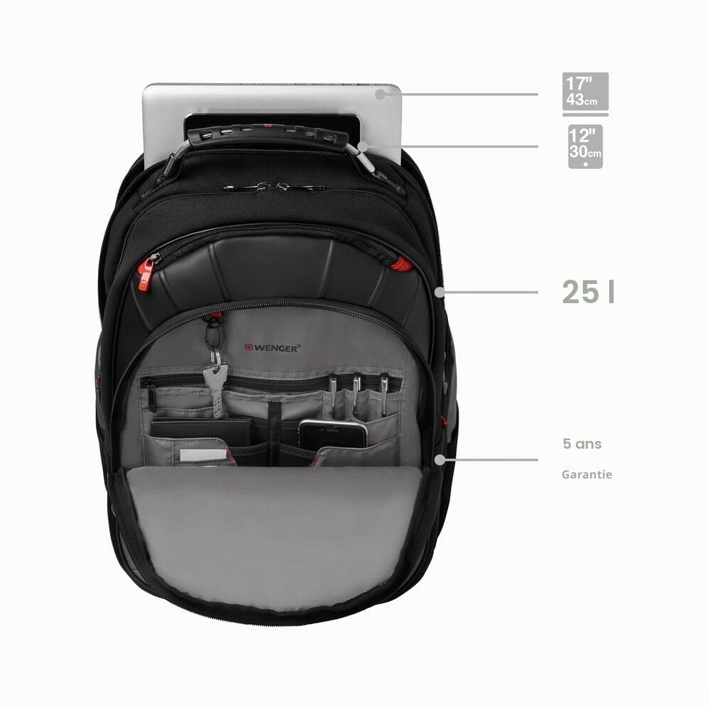 WENGER Pegasus Sac à Dos pour Ordinateur Portable 17 Pouces avec Poche pour Tablette Tactile 12 Pouces, Système d’Organisation, 25 l, Femmes Hommes, Bureau Voyages d’Affaires Uni, Gris, 600639