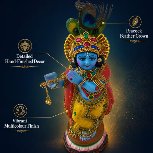 Image of Krishna Statue showpiece for Home Pooja Room Decoration Item | krishna hindu god idol gift items for house warming ceremony living room decor item (polymarble,multicolor,34*13*10 cm)