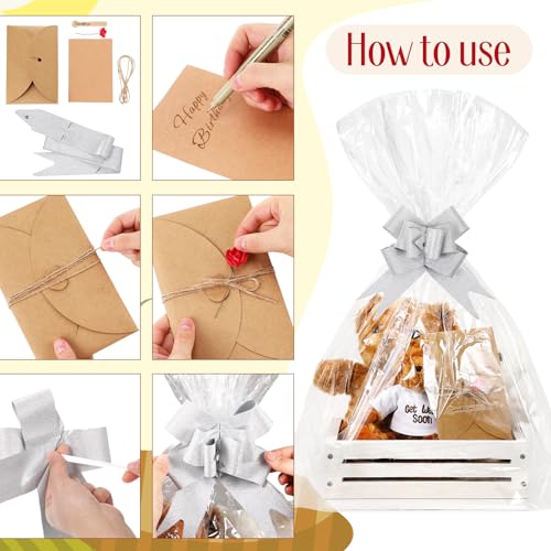 Image of Wonderjune Wooden Baskets for Back to School Gifts Empty Wood Basket with Cellophane Bag Ribbon Greeting Card for Birthday Baby Shower Wedding Housewarming Gifts Packaging(White,Small)