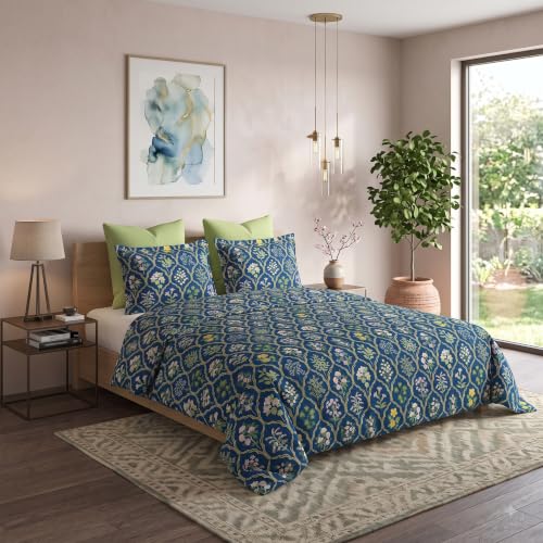 Image of DECOMIZER Super Soft Glace Cotton King Size AC Comforter II Blanket II Duvet for Double Bed with 1 Flat Bedsheet and 2 Pillow Cover - 4 Piece Comforter Set - Navy Jaipuri