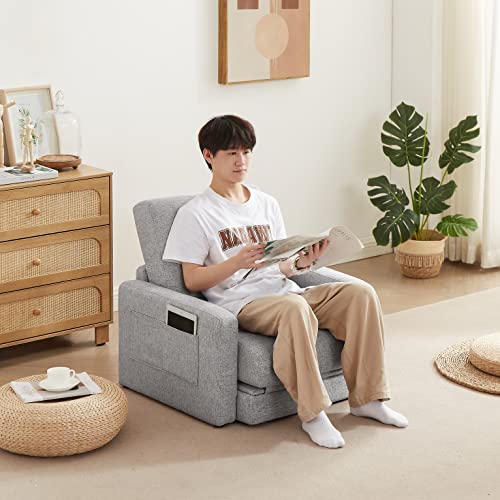 KJUUJEソファベッド 多機能ソファベッド 1人 ソファー 1人掛け 3way 収納機能付き 模様替え自由自在 ファブリック カウチソファ おしゃれ 折り畳み式コーナーソファー 収納付きソファー ローソファ (ライトグレー)