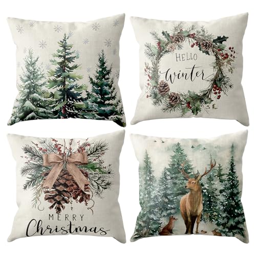 Kissenbezug Weihnachten 45x45 4er Set, Leinen Weihnachtskissen...