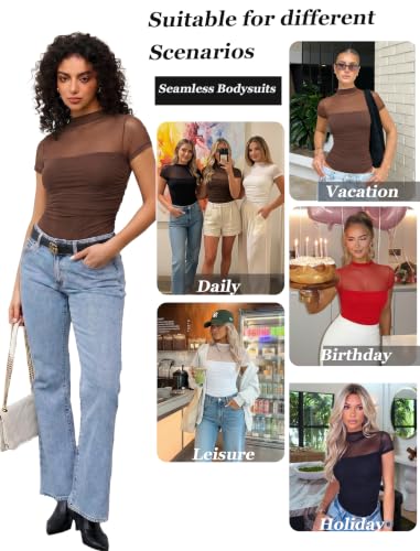 Image of Avidlove Women's Short Sleeve Bodysuit Turtle Neck Body Suits Mesh One Piece Leotard Going Out Tops Date Outfits