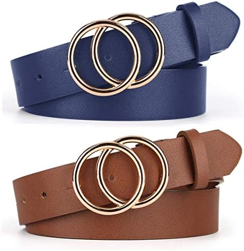 UnFader Pack 2 Women Belts for Jeans with Fashion Double O-Ring Buckle and Faux Leather (Pack 2 (Blue+Chocolate Brown), M: Fits Wiast Size from 31"-36")