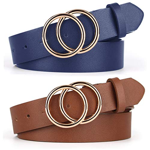 Unfader Pack 2 Women Belts For Jeans With Fashion Double O-Ring Buckle And Faux Leather (Pack 2 (Blue+Chocolate Brown), M: Fits Wiast Size From 31"-36") #TOP2