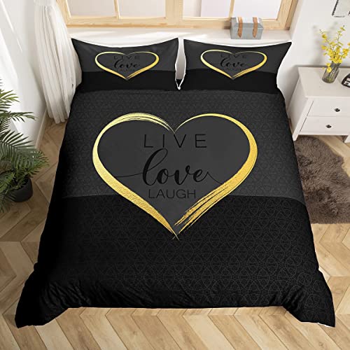 Homemissing Moderne 240x260cm Amour Parure De Lit Noir Or Coeur Lettres Imprimer Ensemble De Housse Couette pour Garçons Couples Chambre Décor Housse Couette...