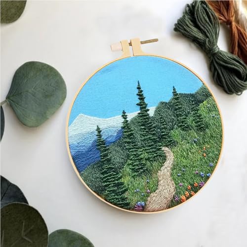 Image of Huacan 5 Complete Embroidery Starter Kit for Beginners Includes Sun Landscape Pattern Full Range of Stamped Kits for Endless Creative Possibilities (Flower and Scenery)