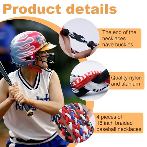 4 Pieces Baseball Player Necklaces with 3 Braided Rope and 2 Braided Rope, Tornado Titanium Necklaces for Boys and Men Softball Sport3