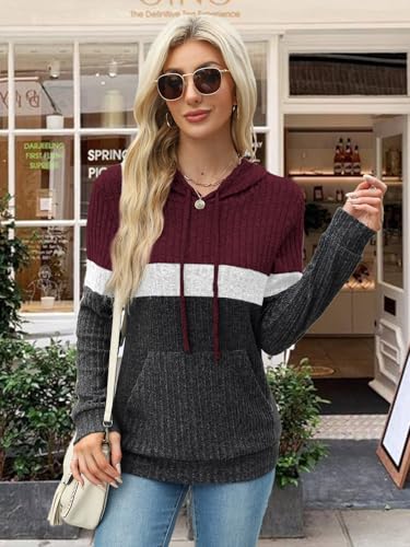 MixShe Women’s Color Block Knit Hoodie – Casual Long Sleeve Pullover Sweater Tops with Pocket