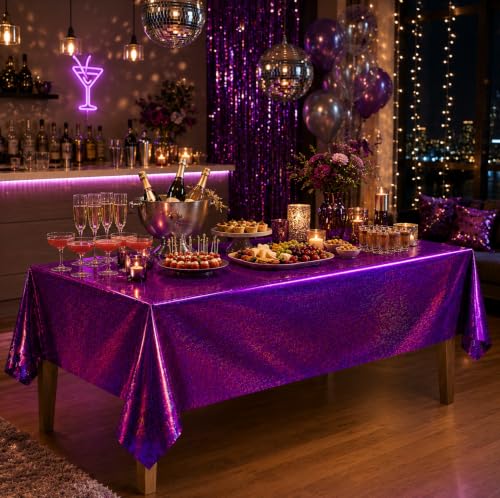Image of OHOME 2 Pack Laser Pink and Purple Tablecloth - Birthday Party Decorations | Purple Party Decor for K-Style Demon Music Theme Birthday | Iridescent Party Decorations for Bridal Wedding Halloween