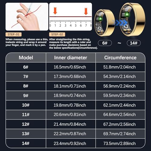 Image of Health Tracker Ring, Smart Health Ring for Women Men with Heart Rate, Blood Oxygen, Sleep Monitor, Steps,Calories, No Subscription Fee, IP68 Waterproof Smart Ring for iPhone & Android (Gold, 14#).