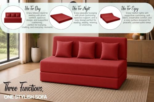 Image of Sofa Cum Bed with Jute Fabric, Convertible Three Seater Sofa Bed 5x6 Ft, Comfortable Cushioned Seating, Space Saving Design for Living Room, Bedroom & Guest Room - Red Color