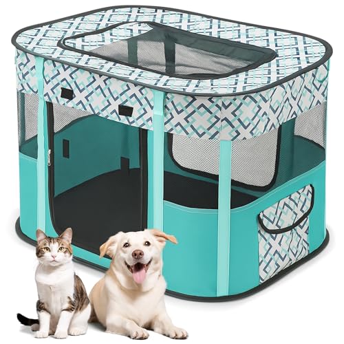 ALLSOPETS Recinto per Cani da Interno Pieghevole, Anche per Esterno, Box Traspirante Portatile per Gatti Conigli Cuccioli con Borsa da Trasporto, per Viaggi e Campeggio (Quadri Verdi, XL)