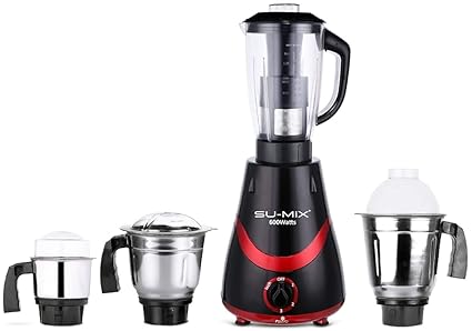 Su-mix Necklace 600W Mixer Grinder with 3 Stainless Steel Jars and 1 Juicer Jar (1 Wet Jar, 1 Dry Jar and 1 Chutney Jar), Black-RED.Make in India(ISI Certified)